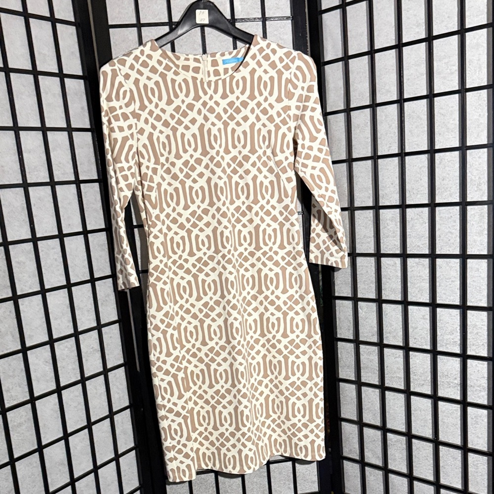 J. McLaughlin Cream Geometric 3/4 Sleeve Dress, SZ Small